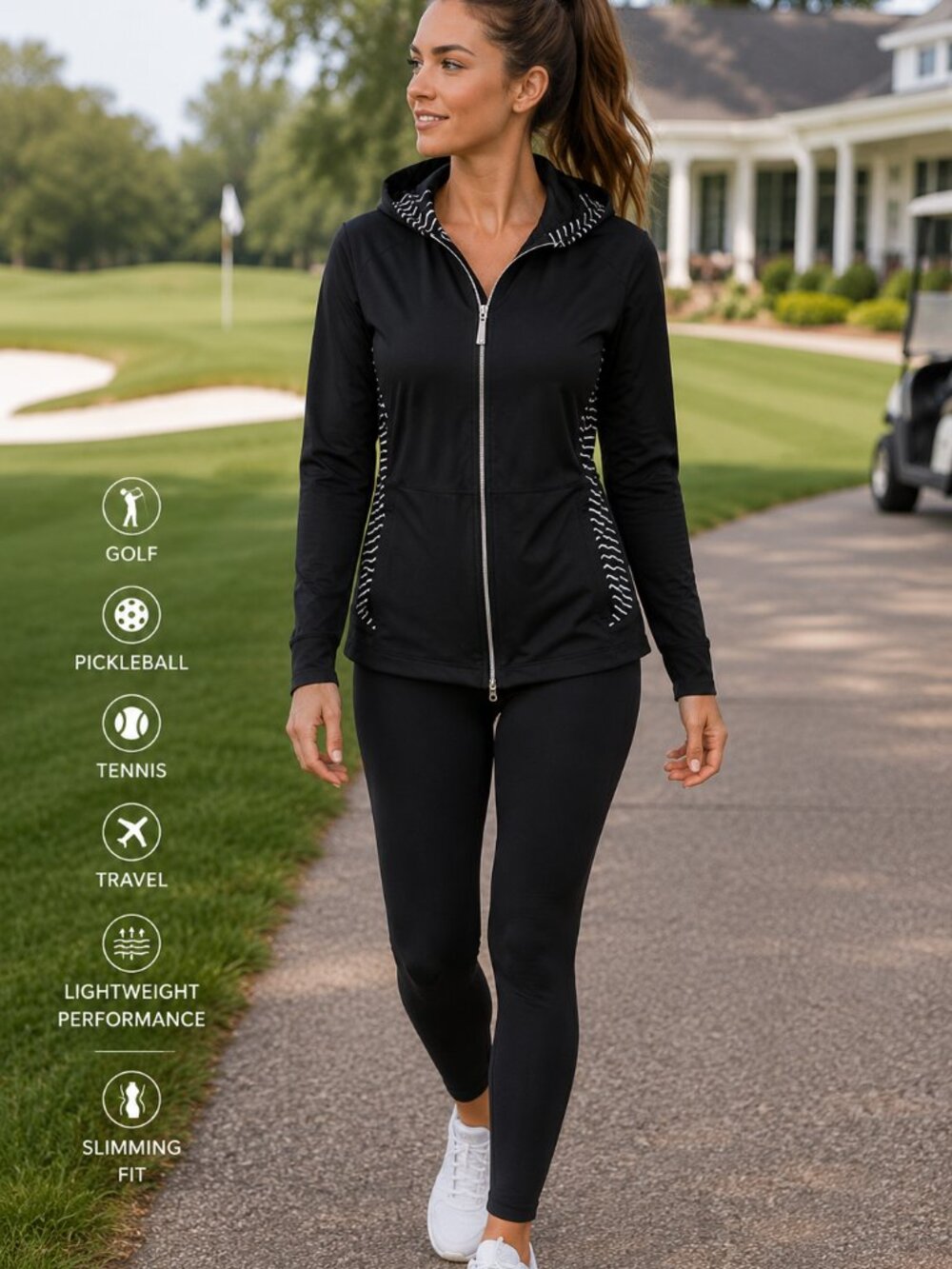 JoFit Jacket Womens Black Full Zip Hooded Slimming Athleisure Tennis Golf SZM